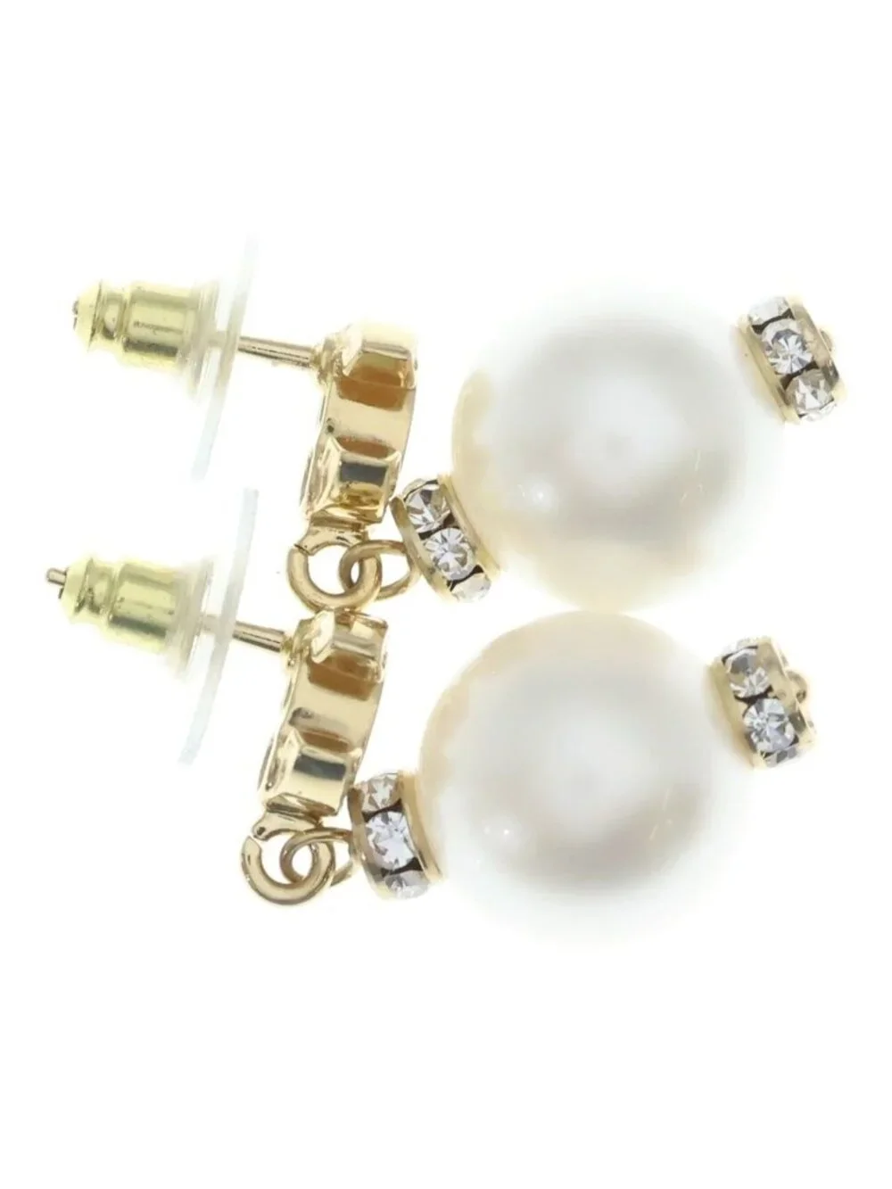 Chanel CC Logo Rhinestone Faux Pearl Earrings White Gold White